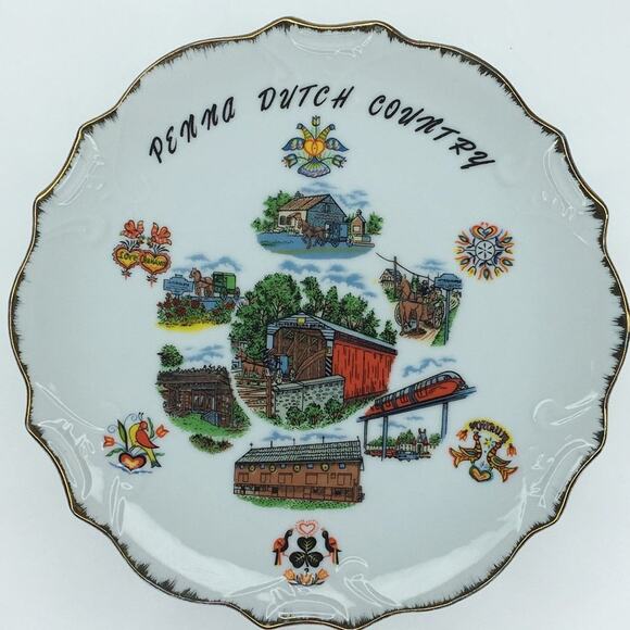 Penna Dutch Country Pennsylvania‎ Vintage Souvenir Plate Brushed Gold Korea - Picture 1 of 8